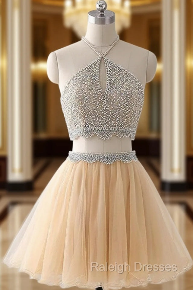 Champagne Tulle Two Piece Halter Homecoming Dress With Beading Main image