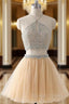 Champagne Tulle Two Piece Halter Homecoming Dress With Beading