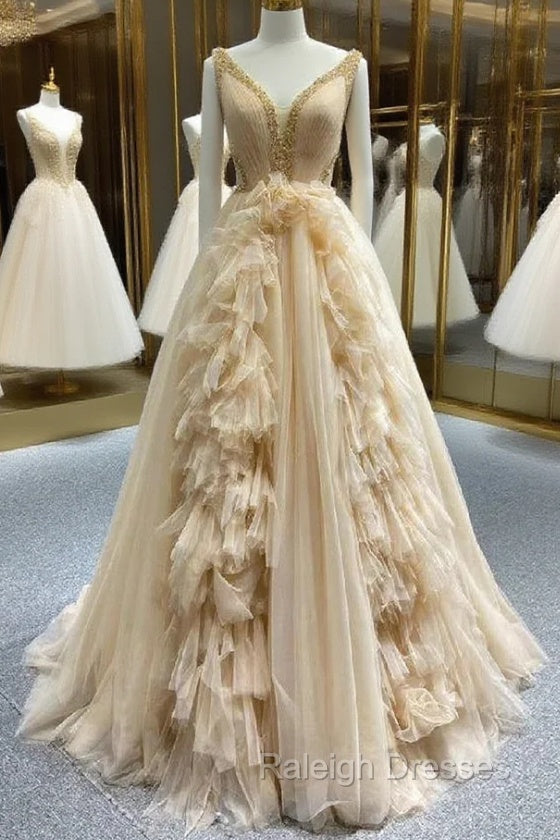 Champagne Tulle V-neck Beading Prom Dress Main image