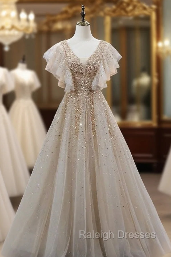Champagne Tulle V-neck Heavy Beading Prom Dress