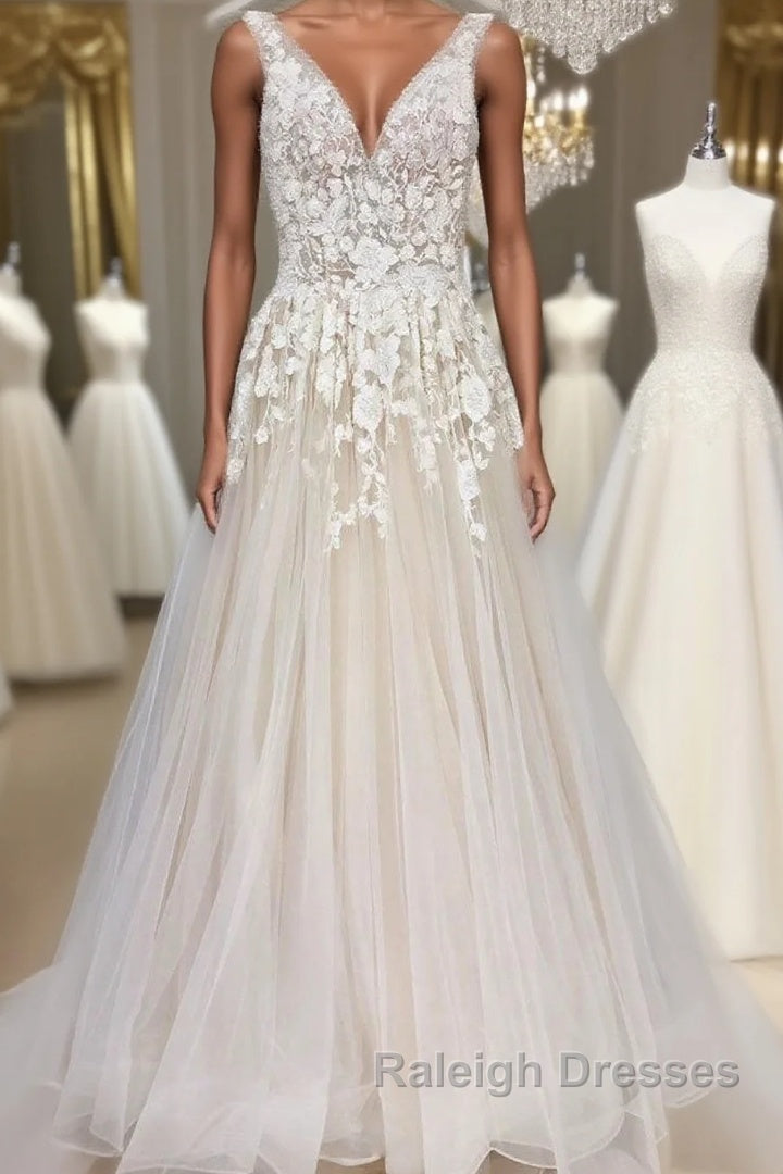 Champagne tulle v neck lace long prom dress champagne formal dress Main image