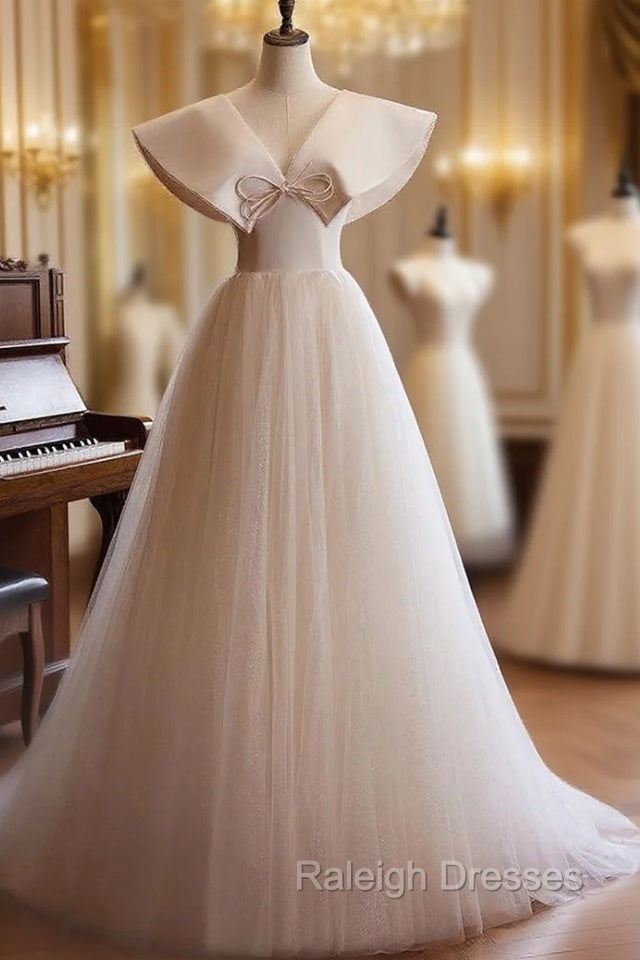 Champagne Tulle V Neck Wedding Dress Main image