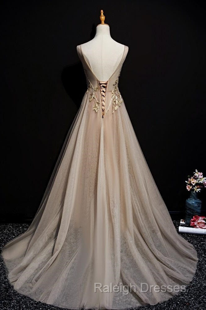 Champagne Tulle V-Neckline Long Lace Prom Dresses A-Line Prom Gown Prom Dresses Secondary image