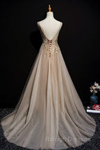 Champagne Tulle V-Neckline Long Lace Prom Dresses A-Line Prom Gown Prom Dresses