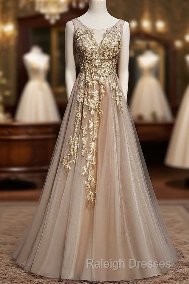Champagne Tulle V-Neckline Long Lace Prom Dress, A-Line Formal Gown Party Dress