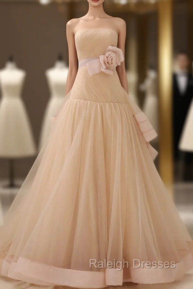 Champagne Tulle With Flower Strapless Backless Wedding Dress Main image