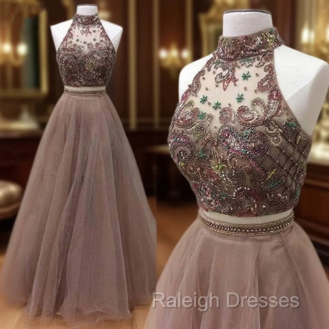 Champagne Two Pieces Beads Long Prom Dress, Prom Dress
