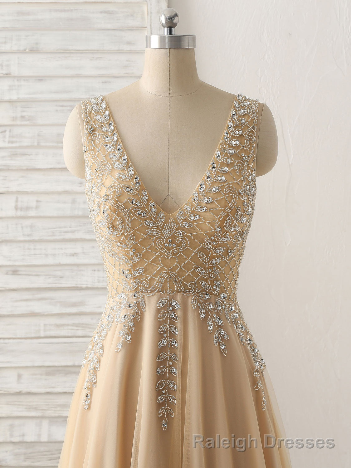 Champagne V Neck Beads Long Prom Dress Tulle Evening Dress Secondary image