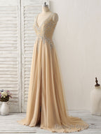 Champagne V Neck Beads Long Prom Dress Tulle Evening Dress