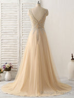 Champagne V Neck Beads Long Prom Dress Tulle Evening Dress