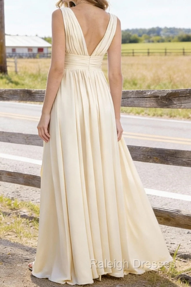 Champagne V Neck Chiffon Floor Length Bridesmaid Dress Long Bridesmaid Dresses With Pleated Split