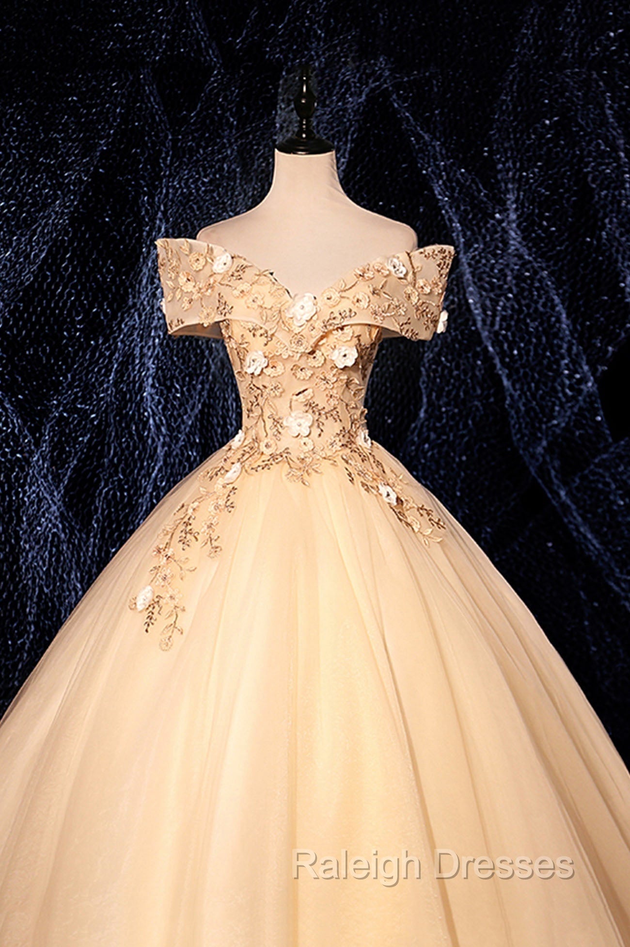 Champagne V-Neck Lace Long Ball Gown, Off the Shoulder Formal Evening Dress