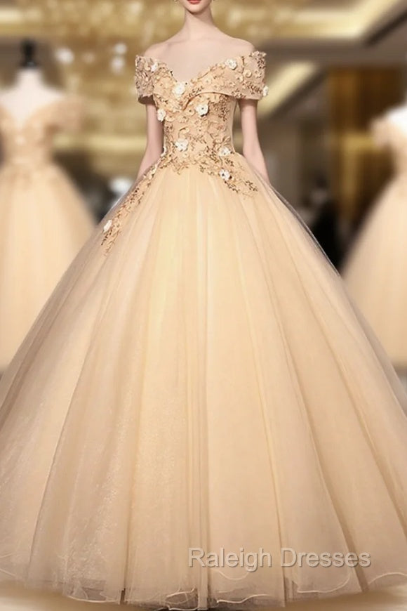 Champagne V-Neck Lace Long Ball Gown, Off the Shoulder Formal Evening Dress