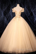 Champagne V Neck Lace Long Ball Gowns, Off the Shoulder Formal Prom Dress