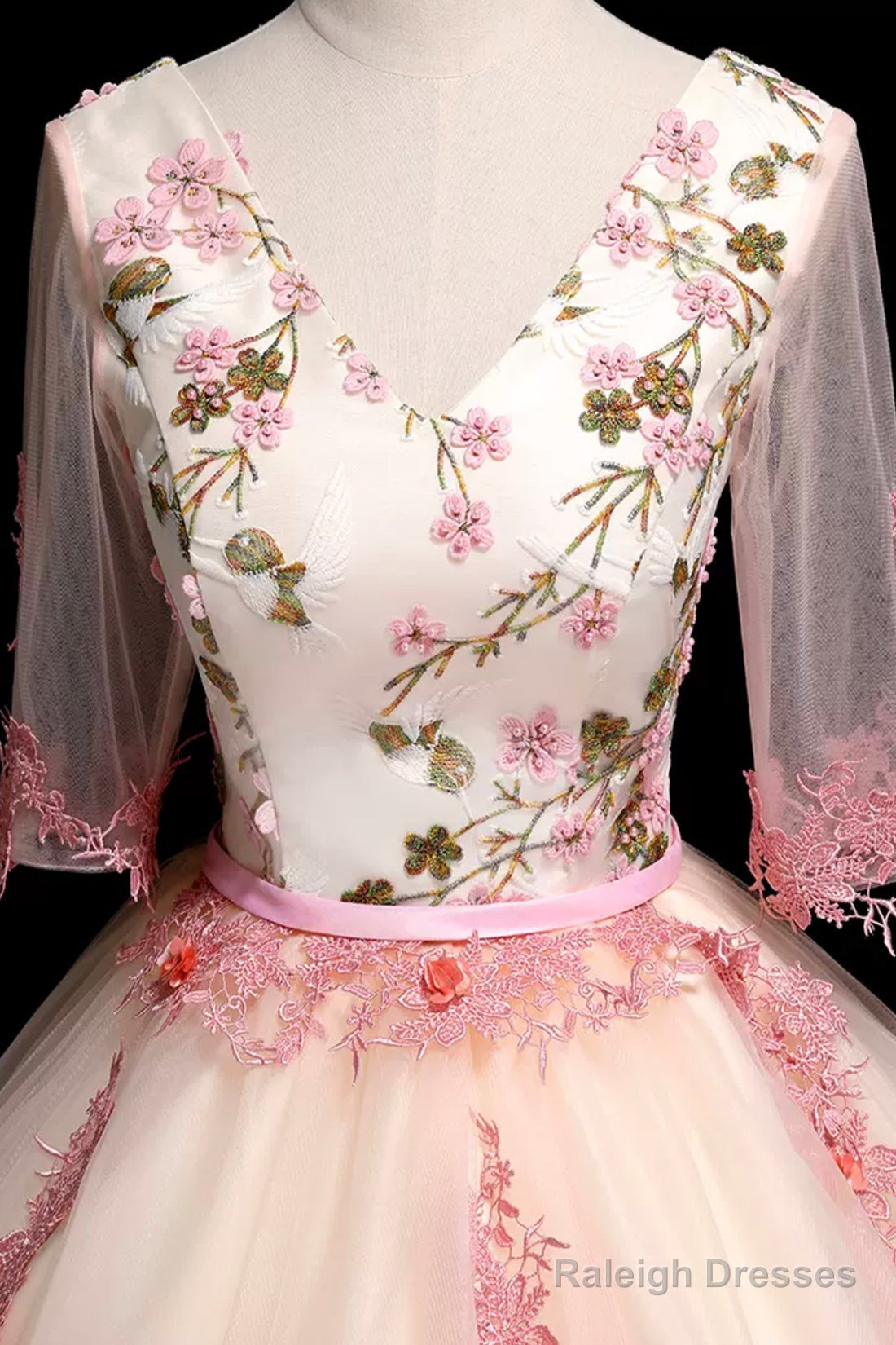 Champagne V-Neck Lace Long Prom Dress, A-Line 1/2 Sleeves Evening Party Dress Secondary image