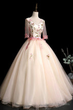 Champagne V-Neck Lace Long Prom Dress, A-Line 1/2 Sleeves Evening Party Dress