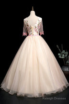 Champagne V-Neck Lace Long Prom Dress, A-Line 1/2 Sleeves Evening Party Dress