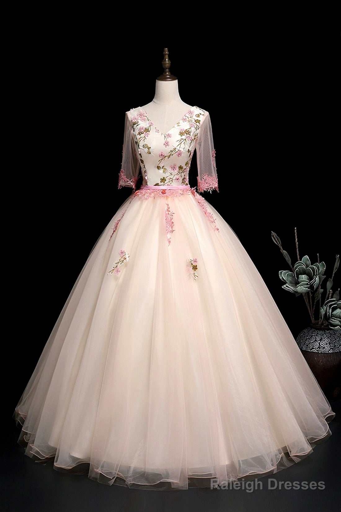 Champagne V-Neck Lace Long Prom Dress, A-Line 1/2 Sleeves Evening Party Dress