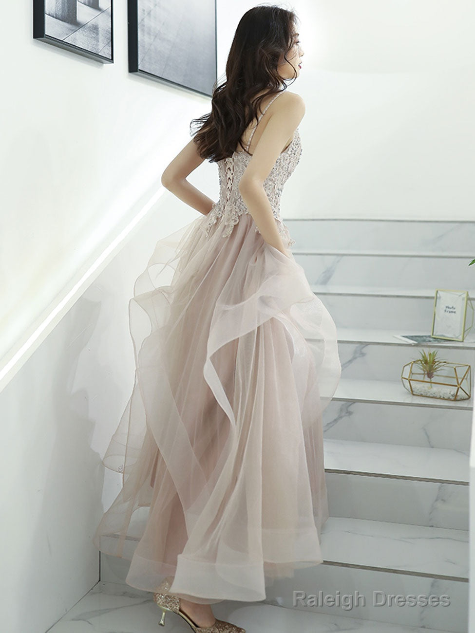 Champagne V Neck Lace Long Prom Dresses, Champagne Formal Graduation Dress Secondary image