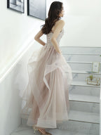 Champagne V Neck Lace Long Prom Dresses, Champagne Formal Graduation Dress