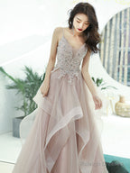 Champagne V Neck Lace Long Prom Dress Champagne Prom Graduation Dresses