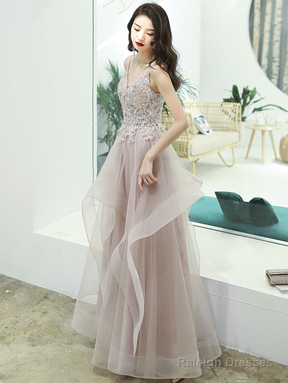 Champagne V Neck Lace Long Prom Dress Champagne Prom Graduation Dresses