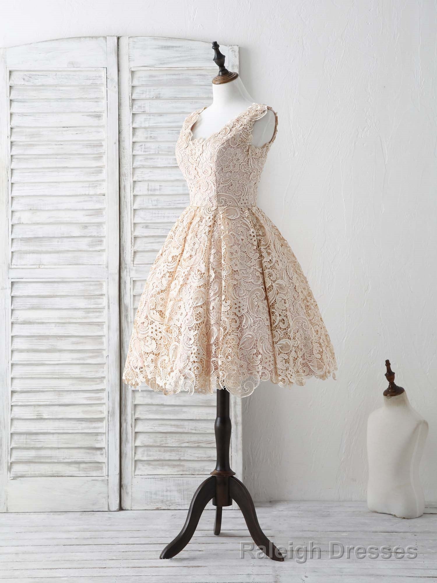 Champagne V Neck Lace Short Prom Dress Champagne Bridesmaid Dress Main image