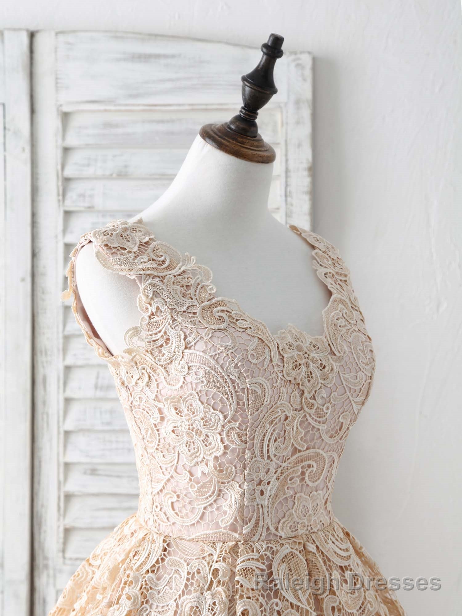 Champagne V Neck Lace Short Prom Dress Champagne Bridesmaid Dress