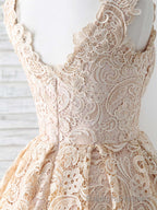 Champagne V Neck Lace Short Prom Dress Champagne Bridesmaid Dress