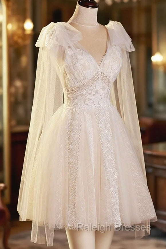 Champagne V-Neck Lace Short Prom Dress, Lovely A-Line Evening Party Dress