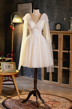 Champagne V Neck Lace Short Prom Dress, Lovely A Line Prom Prom Dress