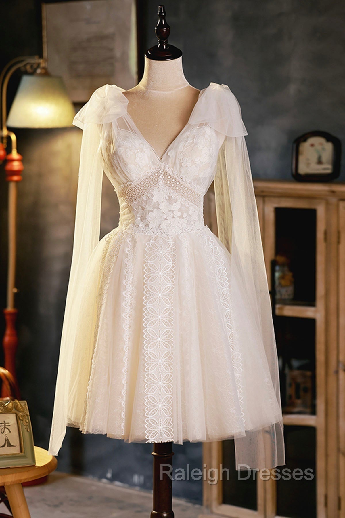 Champagne V-Neck Lace Short Prom Dress, Lovely A-Line Evening Party Dress Main image