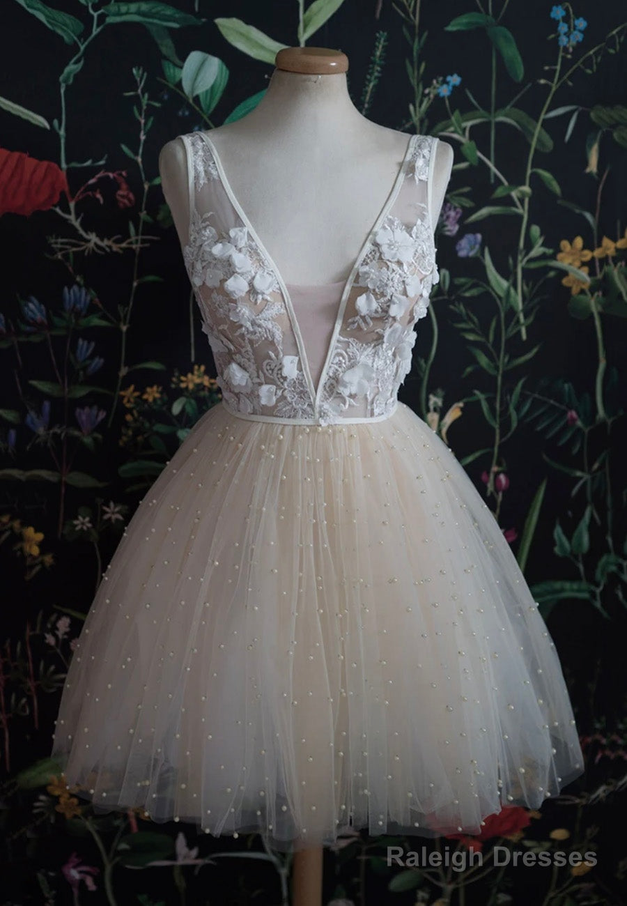Champagne V-Neck Lace Short Prom Dress A-Line Mini Prom Dress Main image