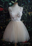 Champagne V-Neck Lace Short Prom Dress A-Line Mini Prom Dress
