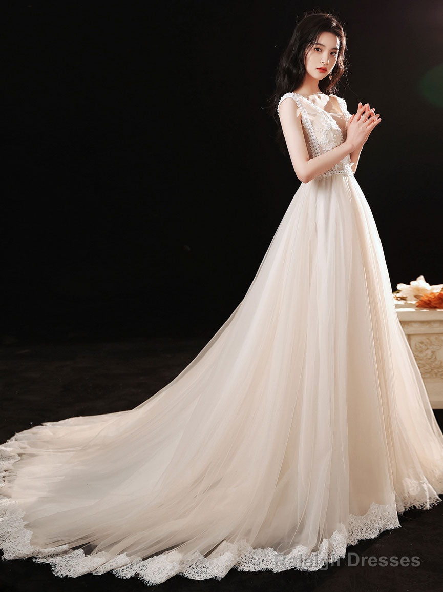 Champagne V Neck Lace Tulle Long Prom Dress, Champagne Evening Dress Secondary image