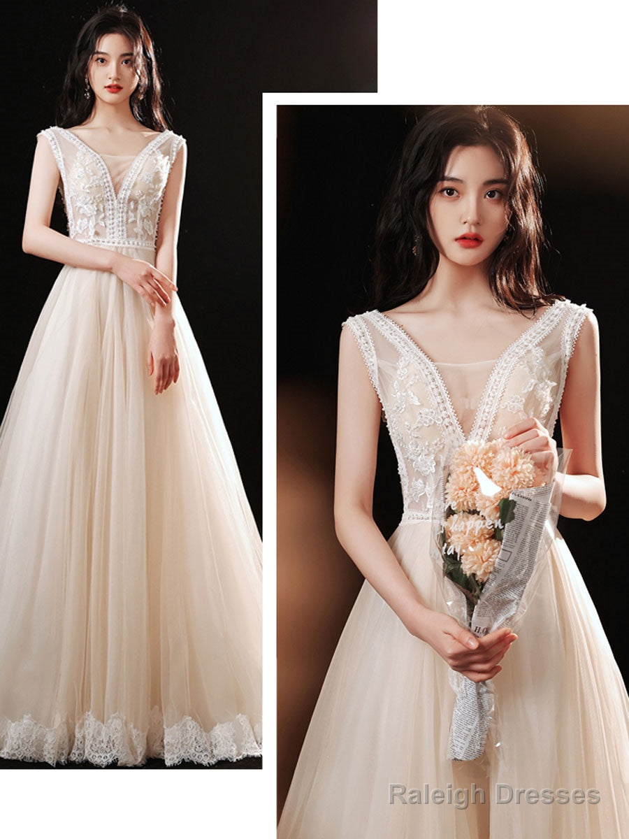 Champagne V Neck Lace Tulle Long Prom Dresses Champagne Prom Dresses
