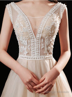 Champagne V Neck Lace Tulle Long Prom Dresses Champagne Prom Dresses