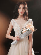 Champagne V Neck Lace Tulle Long Prom Dress, Champagne Evening Dress