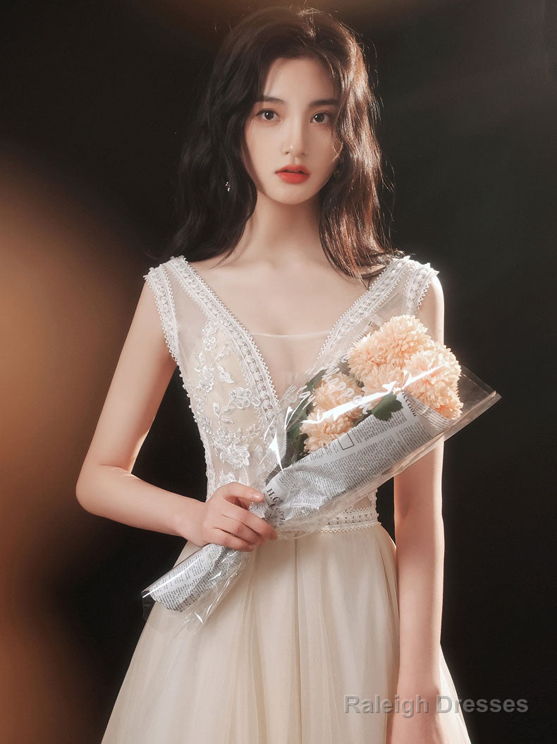 Champagne V Neck Lace Tulle Long Prom Dress, Champagne Evening Dress