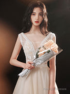 Champagne V Neck Lace Tulle Long Prom Dresses Champagne Prom Dresses
