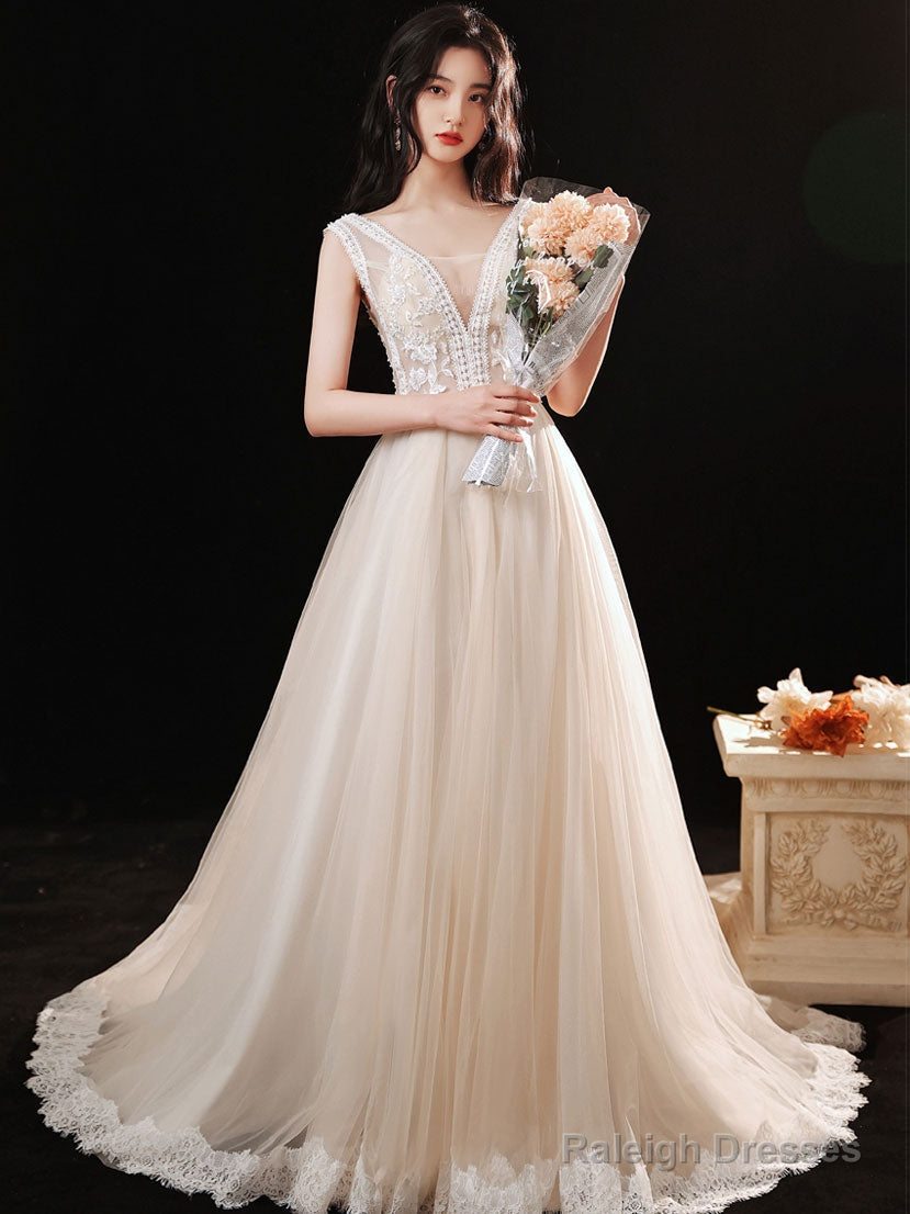 Champagne V Neck Lace Tulle Long Prom Dress, Champagne Evening Dress Main image