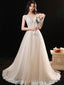 Champagne V Neck Lace Tulle Long Prom Dress, Champagne Evening Dress