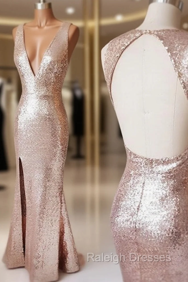 Champagne V Neck Sequin Open Back Long Prom Dress