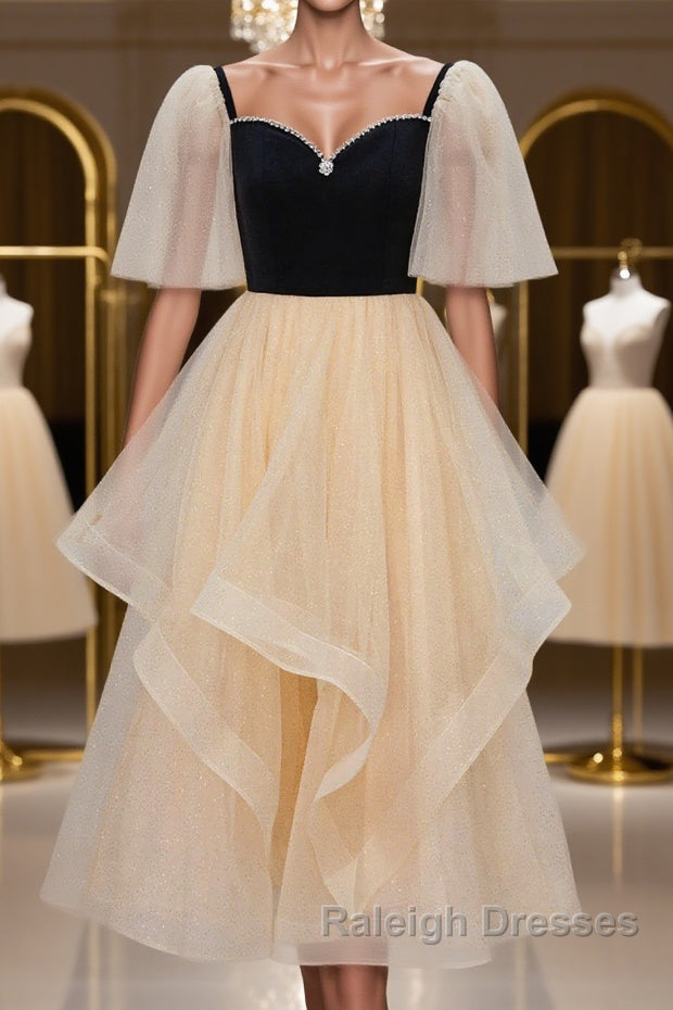 Champagne V Neck Tea Length Prom Dresses, Tea-Length Formal Graduation Dresses Main image