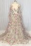 Champagne V Neck Tulle 3D Flowers Long Prom Dress Champagne Evening Dress