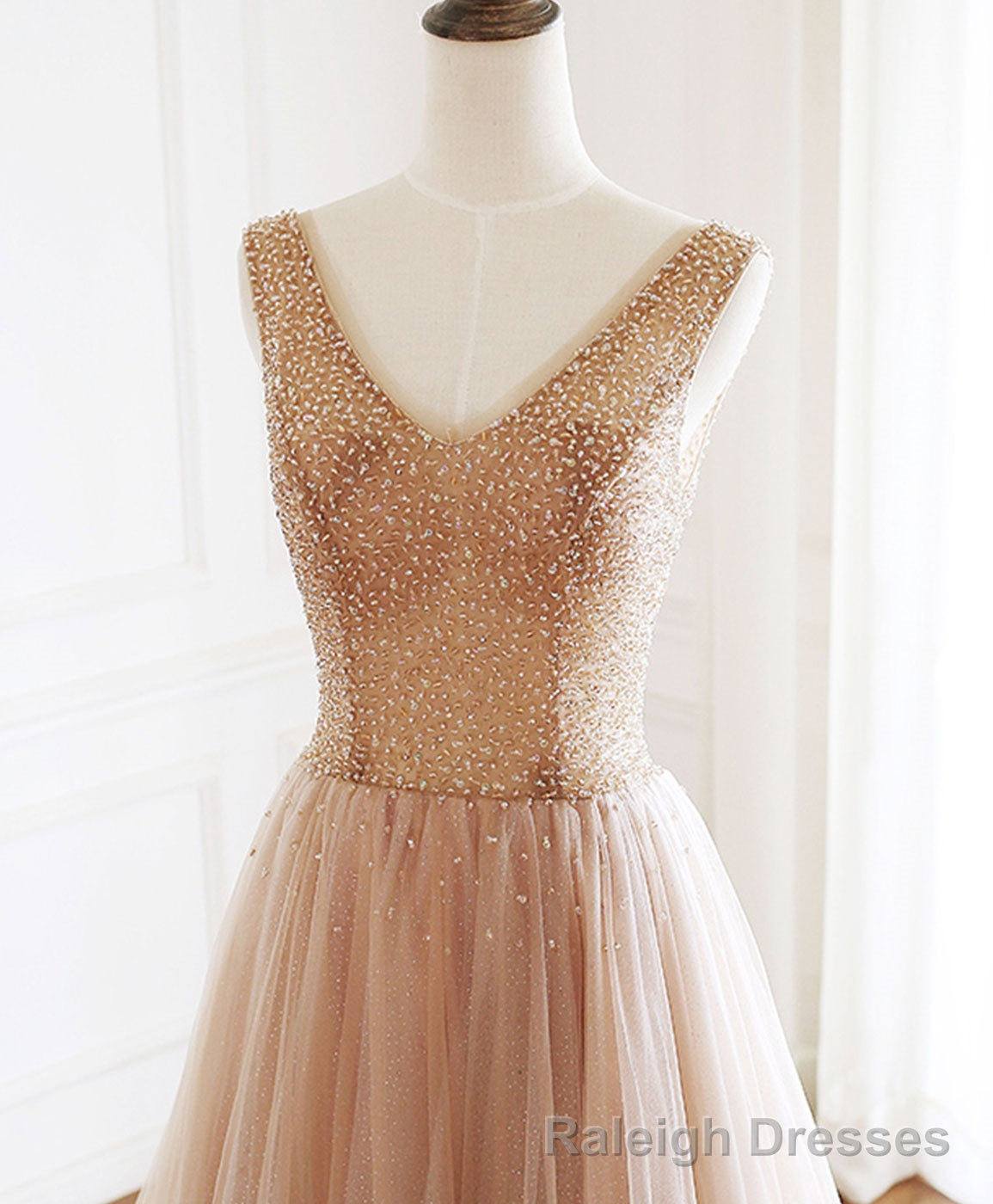 Champagne V Neck Tulle Beads Long Prom Dress Evening Dress
