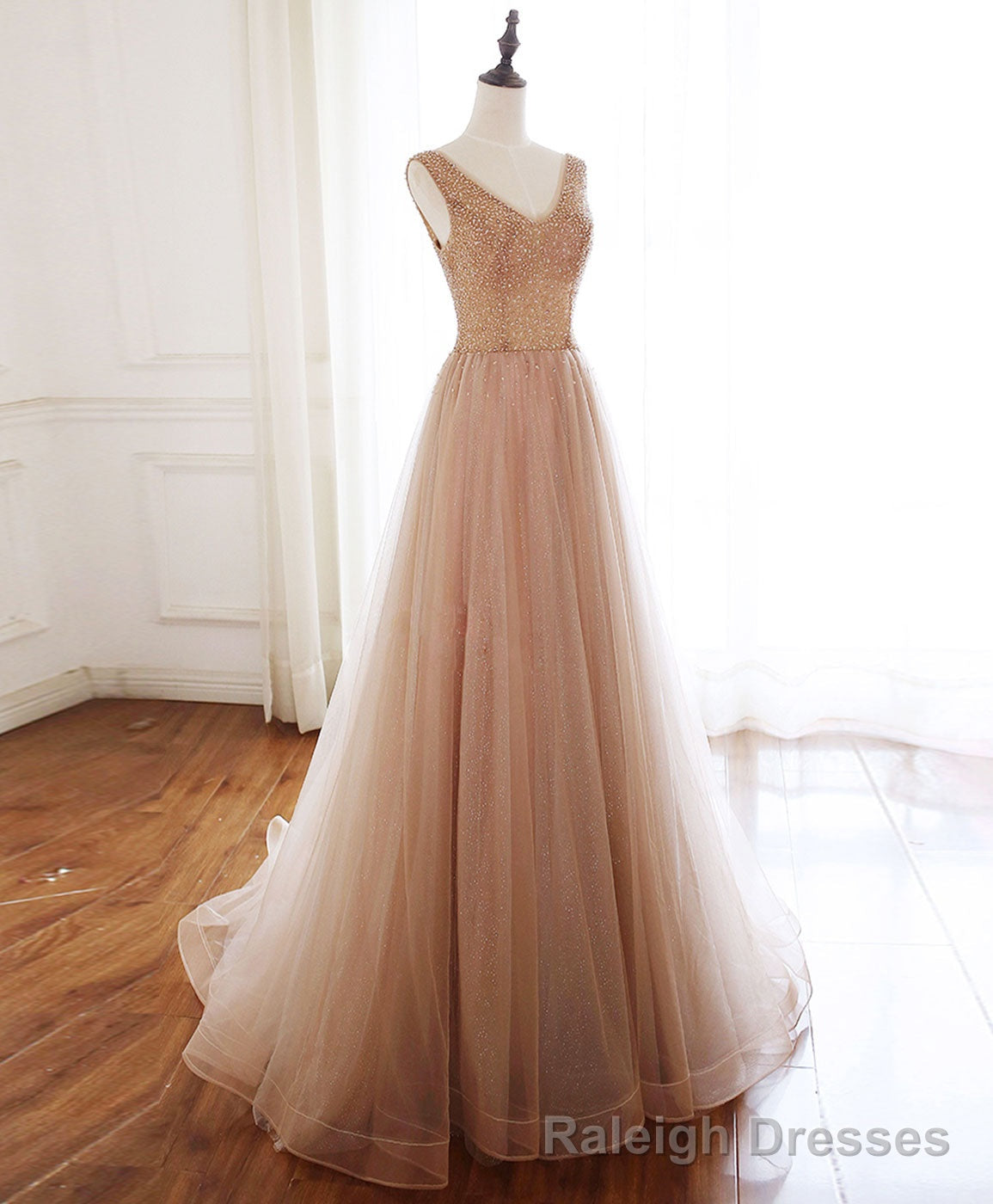 Champagne V Neck Tulle Beads Long Prom Dress Evening Dress Main image