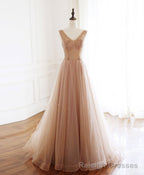 Champagne V Neck Tulle Beads Long Prom Dress Evening Dress