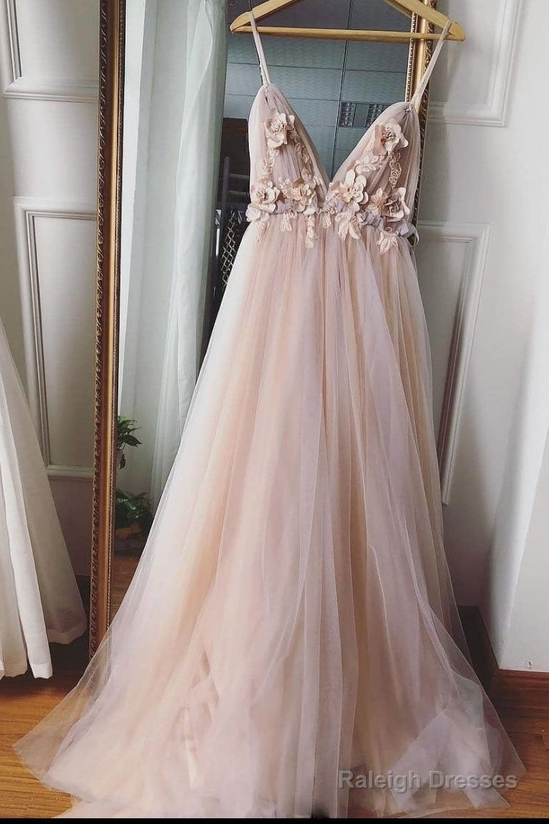 Champagne V Neck Tulle Floral Wedding Dresses, Champagne V Neck Tulle Prom Dresses Graduation Formal Dresses
