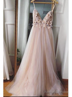 Champagne V Neck Tulle Floral Wedding Dress Champagne V Neck Tulle Prom Dress Graduation Prom Dress